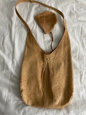 Halston Heritage Tan Ostrich-Texture Shoulder Hobo with Coin Pouch